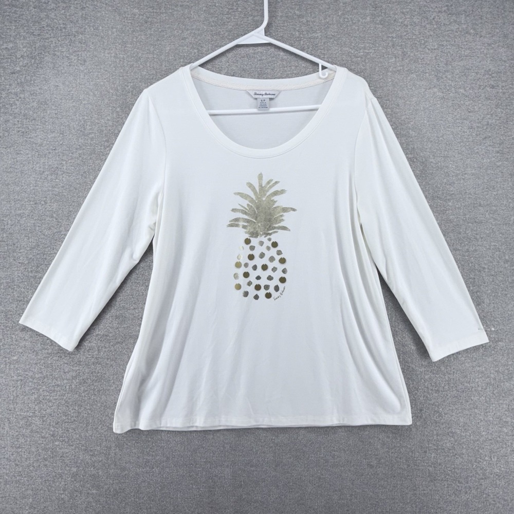 Tommy Bahama Kauai Shimmer Pineapple Blouse Top Women Size Small White Summer